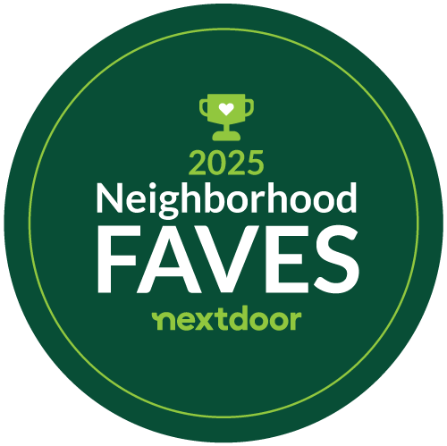 Green circular badge reading “2025 Neighborhood FAVES” with the Nextdoor logo and a trophy icon.