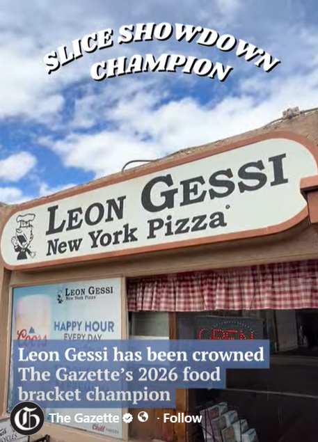 Leon Gessi New York Pizza storefront with “Slice Showdown Champion” banner and news caption.