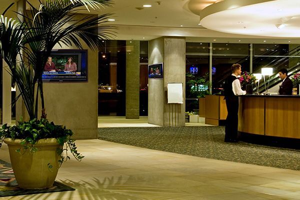 Hotel lobby with lighting and video system