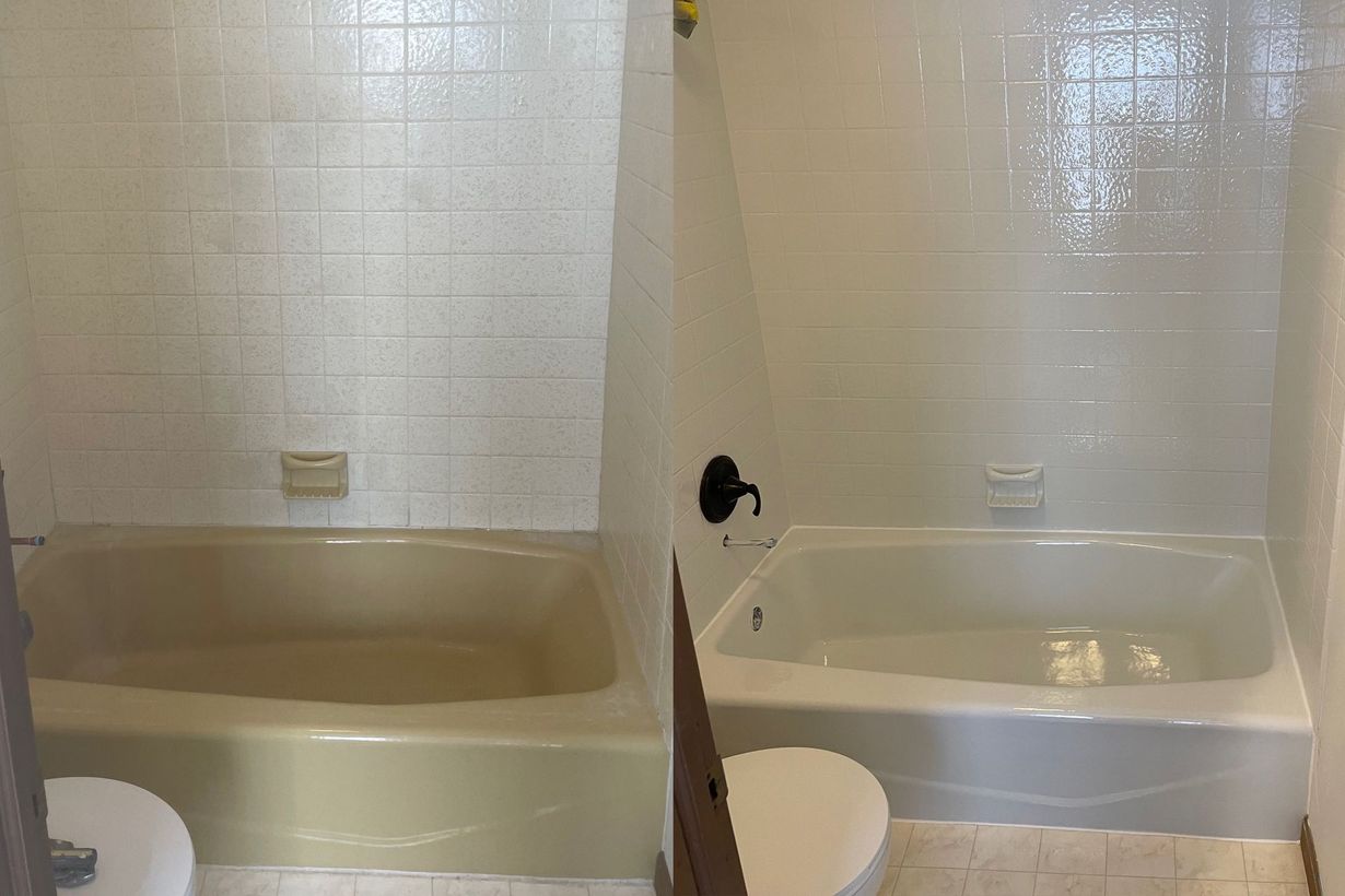 A before and after photo of a bathtub in a bathroom.