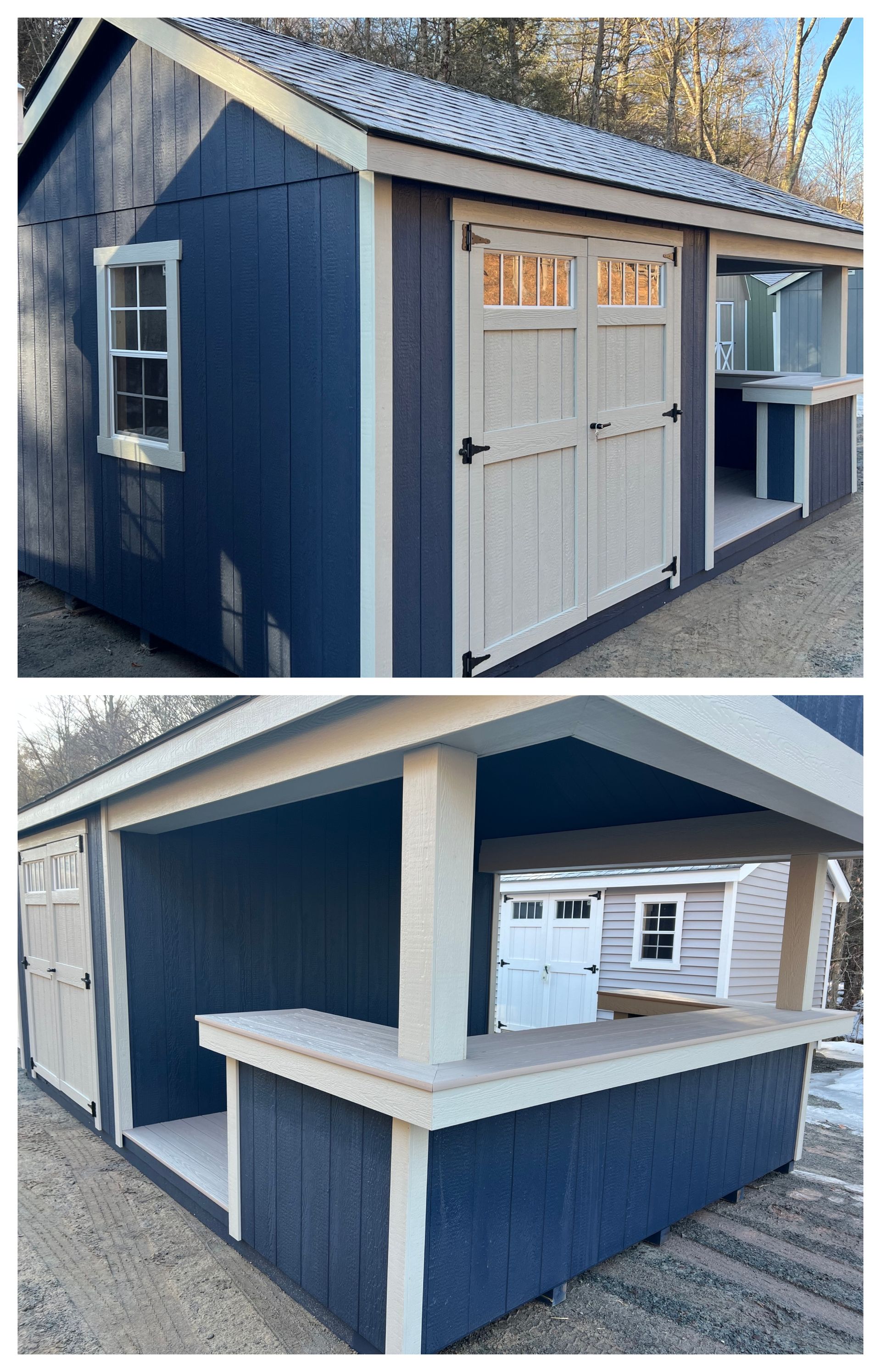 A blue and white shed with a porch and a window.