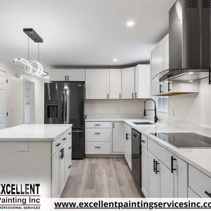 A kitchen with white cabinets and stainless steel appliances.