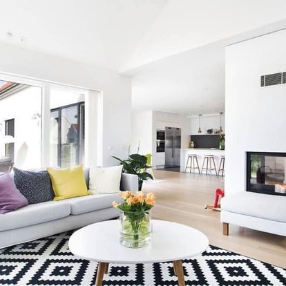 A living room with a white couch and a black and white rug
