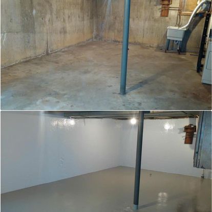A before and after photo of a basement.