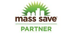 Logo for Mass Save Partner featuring a green sun icon above a silhouette of houses and the text 
