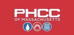 PHCC of Massachusetts logo with a red background, white text, and icons representing plumbing, heating, and cooling.