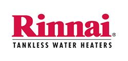 The Rinnai logo in red serif font with the black text 