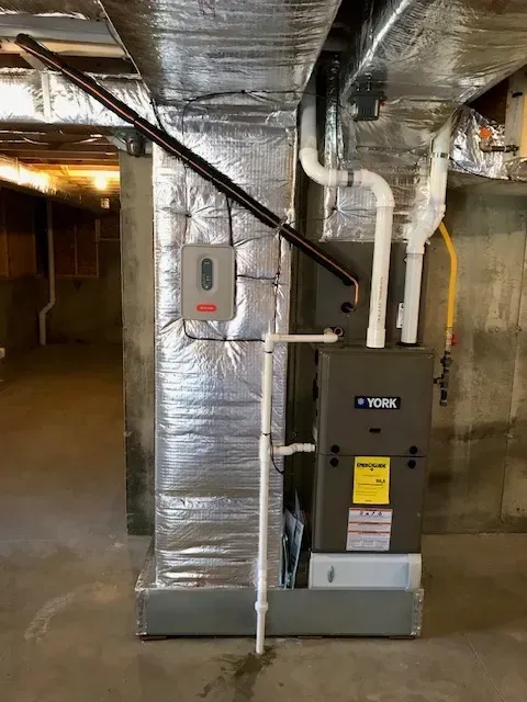 Basement utility room with furnace, ductwork, pipes, and electrical panel.