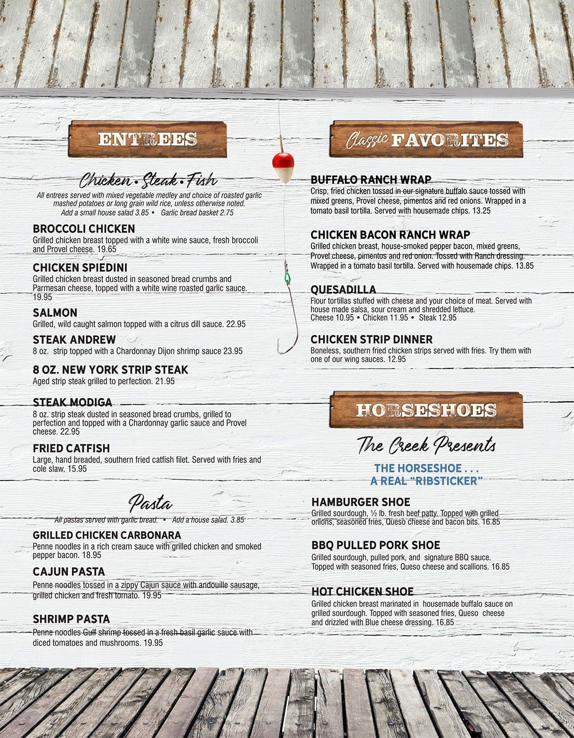 The Creek Grill & Sports Bar Entrees, Classic Favorites, and Horseshoes Menu