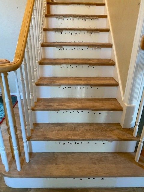 a staircase with wooden steps and white railing in a house.
