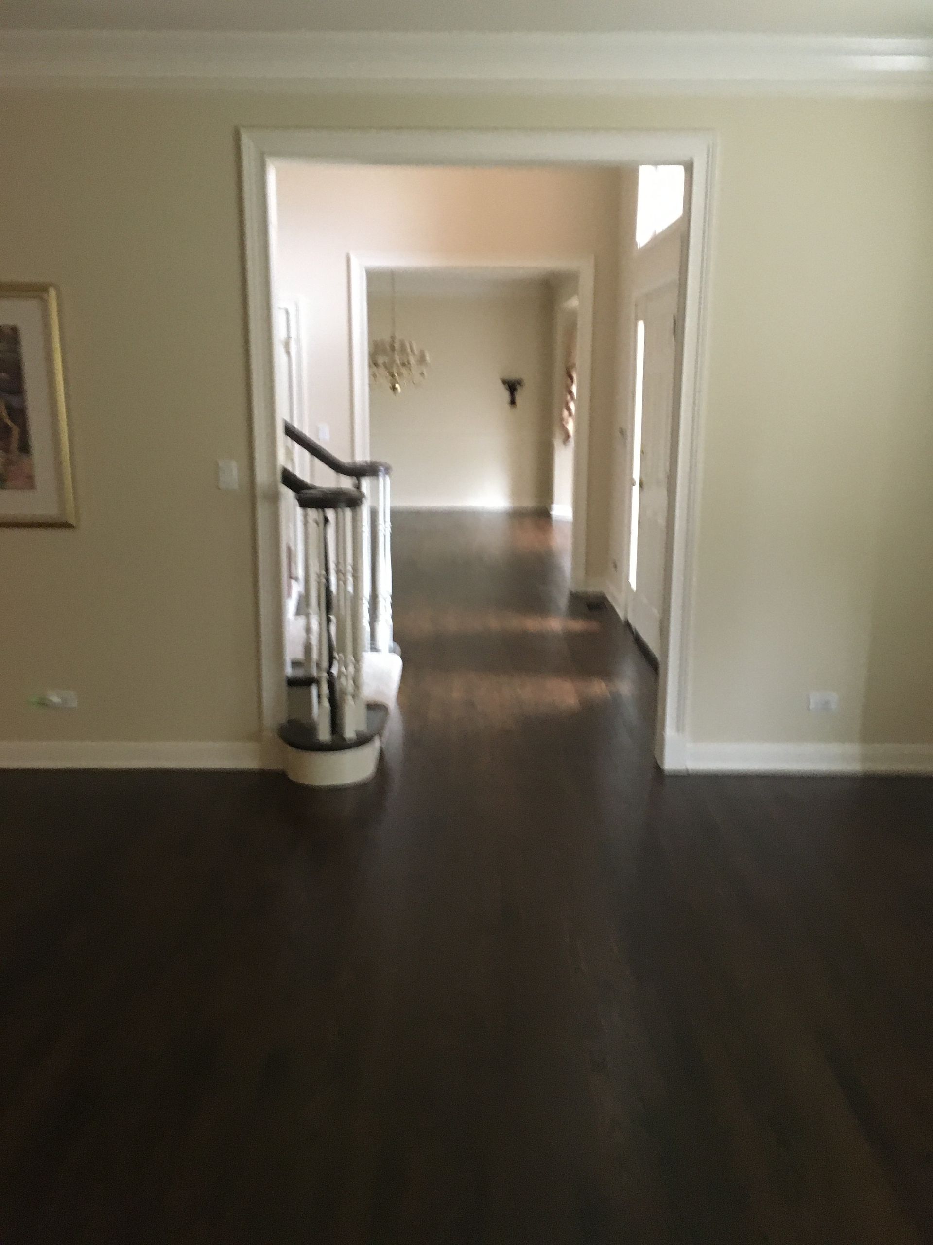 a hallway with a staircase and a picture on the wall