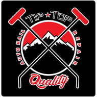 Tip Top Auto Repair logo with crossed red wrenches, mountains, and “Quality” text on black background