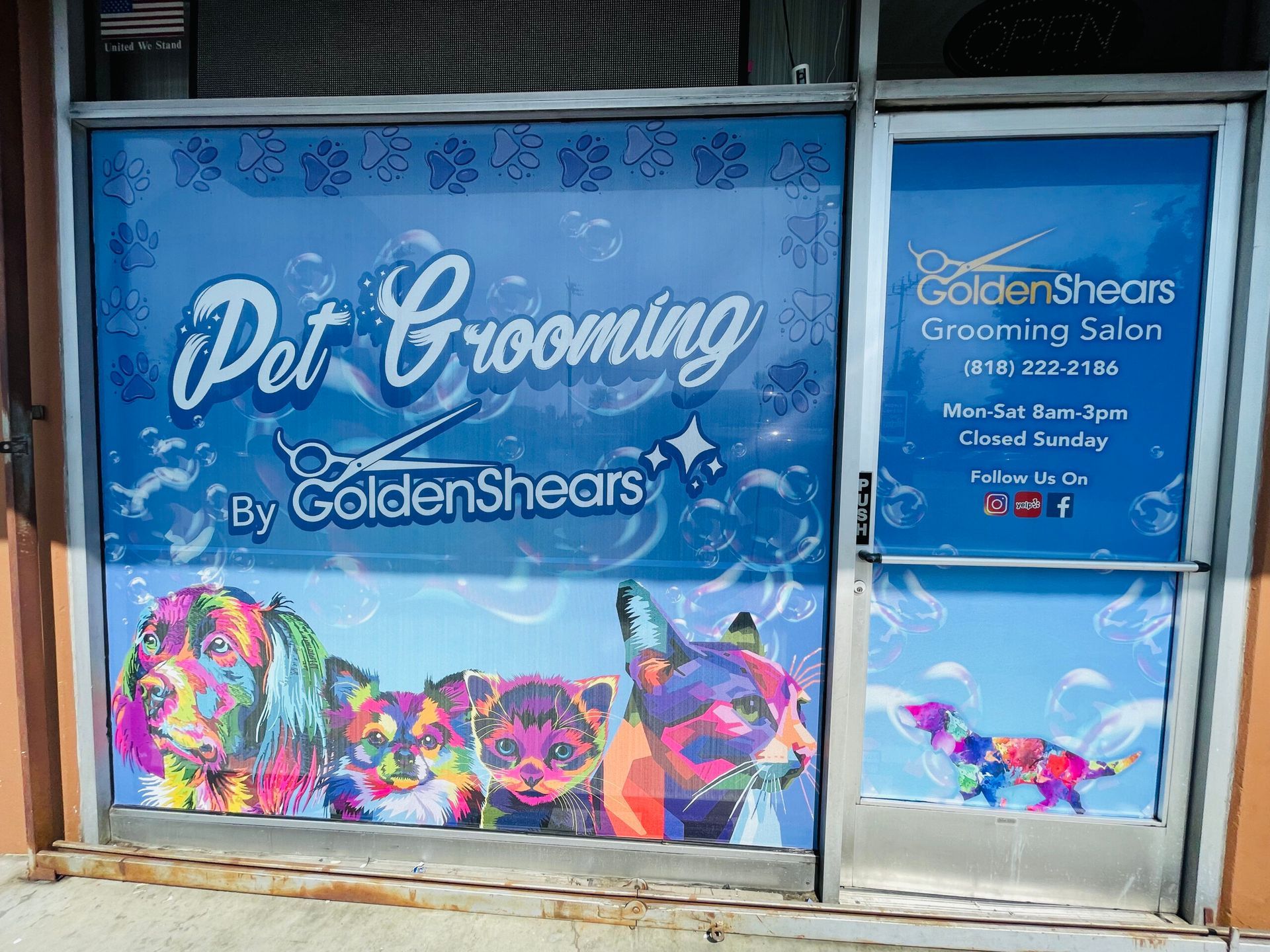 A window display for a pet grooming salon