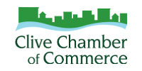 Clive Chamber of Commerce logo with green city skyline and text on white background