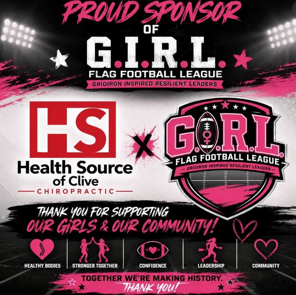 Proud sponsor graphic for G.I.R.L. Flag Football League, featuring HSI Health Source of Clive Chiropratic logo on pink and black background
