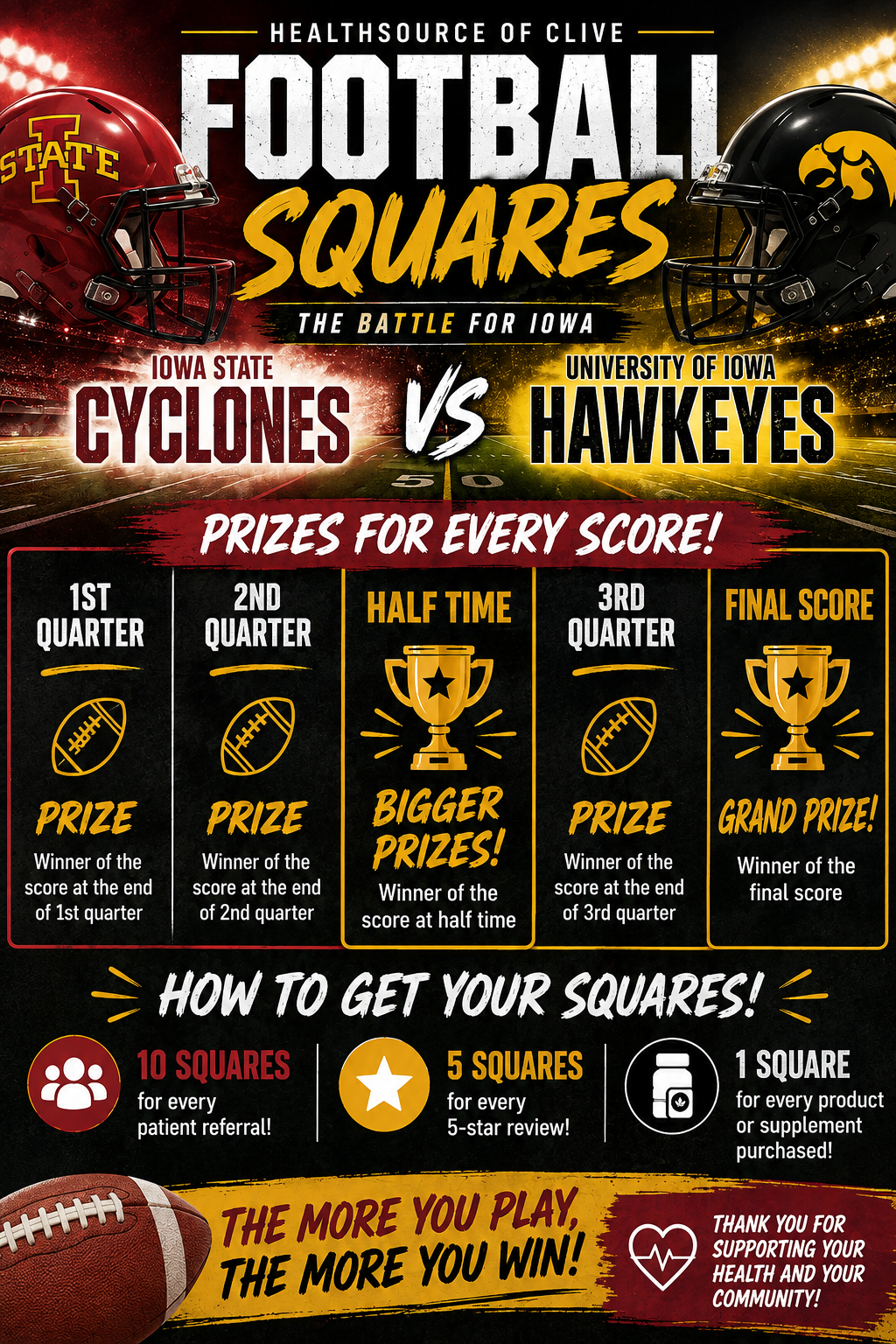 Football squares promo for Cyclones vs Hawkeyes, with prizes for every score and game grid details.