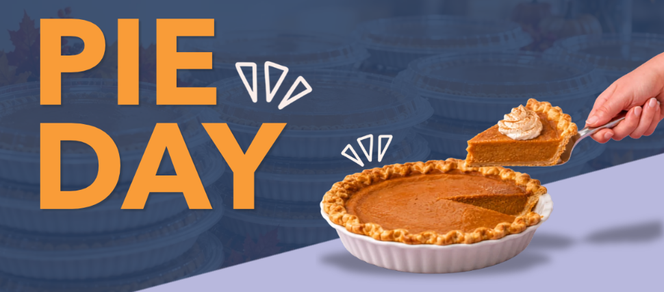 Pie Day banner with a hand serving a slice from a pumpkin pie on a blue background