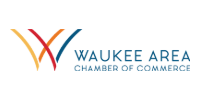 Waukee Area Chamber of Commerce logo with multicolored swoosh and blue text