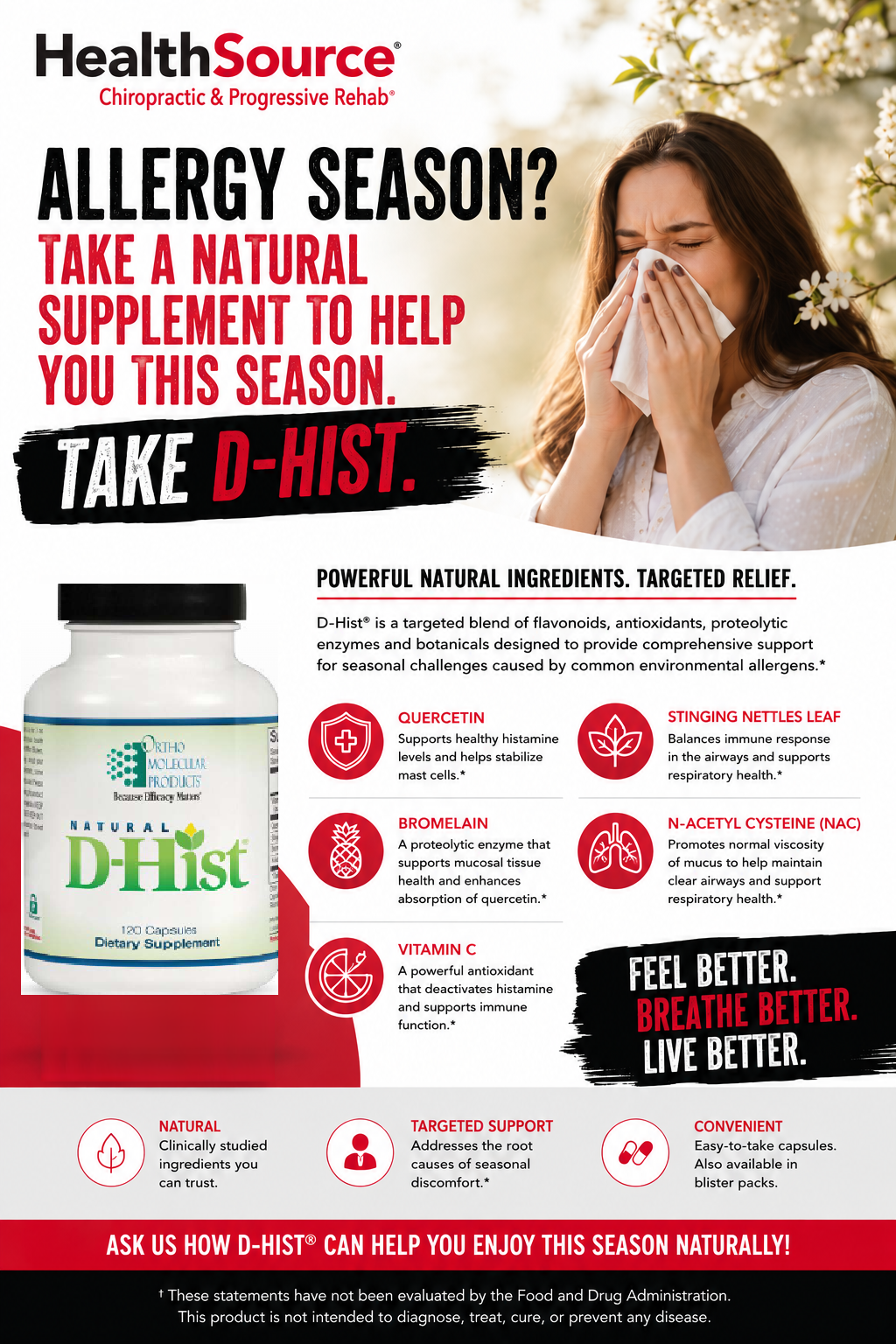 HealthSource D-Hist allergy relief ad with woman sneezing