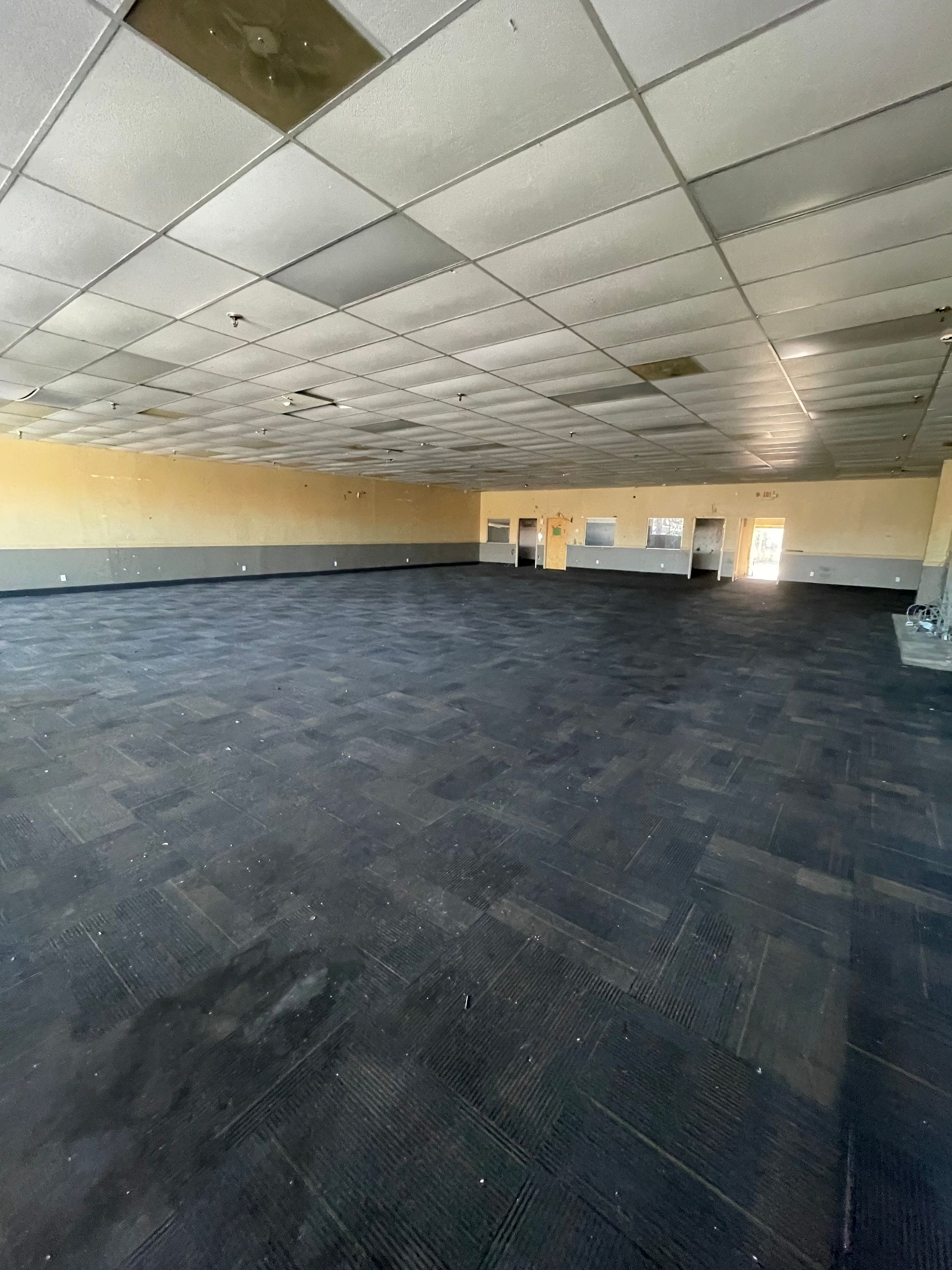 A large empty room with a tiled ceiling and a black floor.