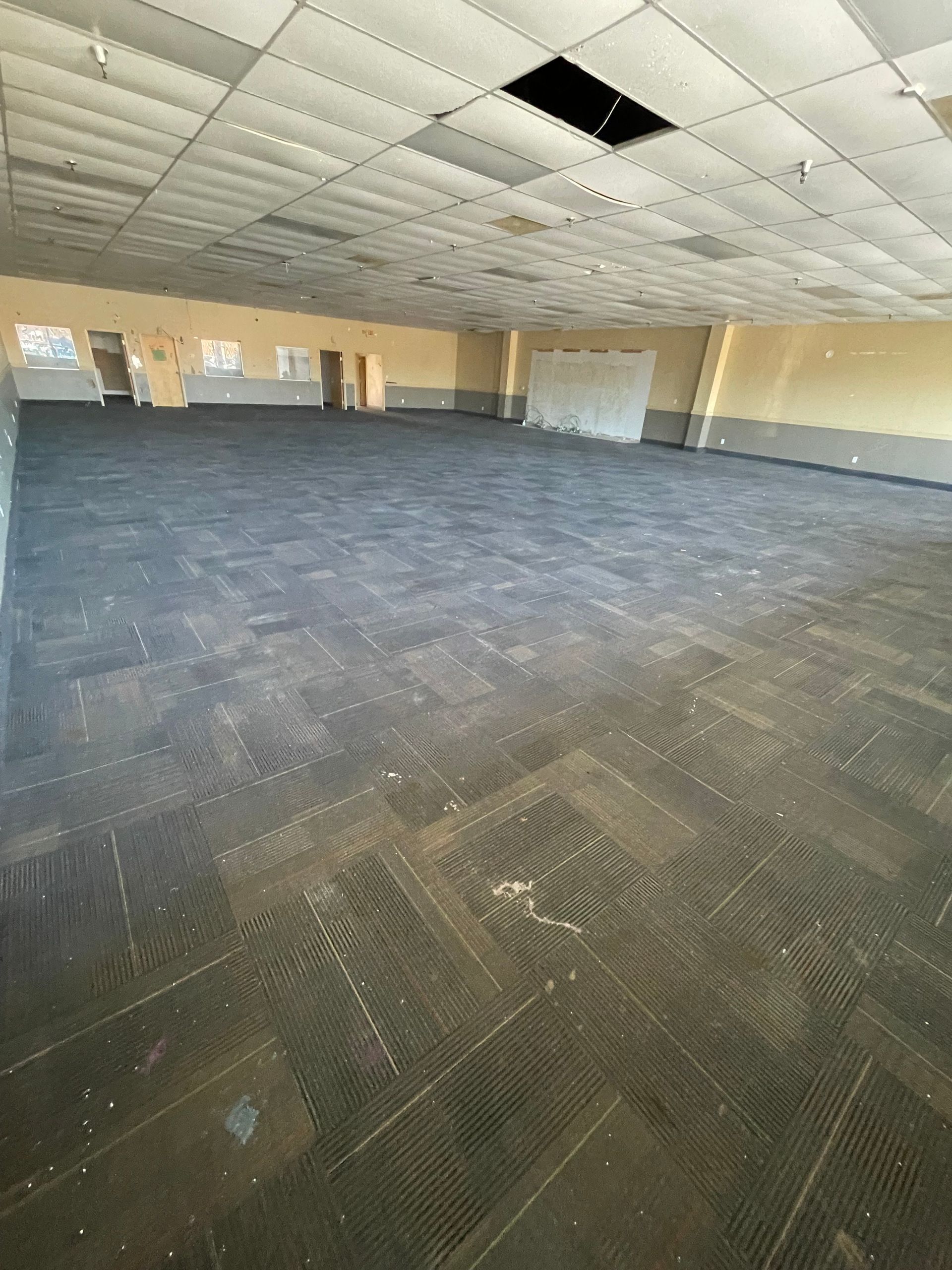 A large room with a carpeted floor and a ceiling with a hole in it.