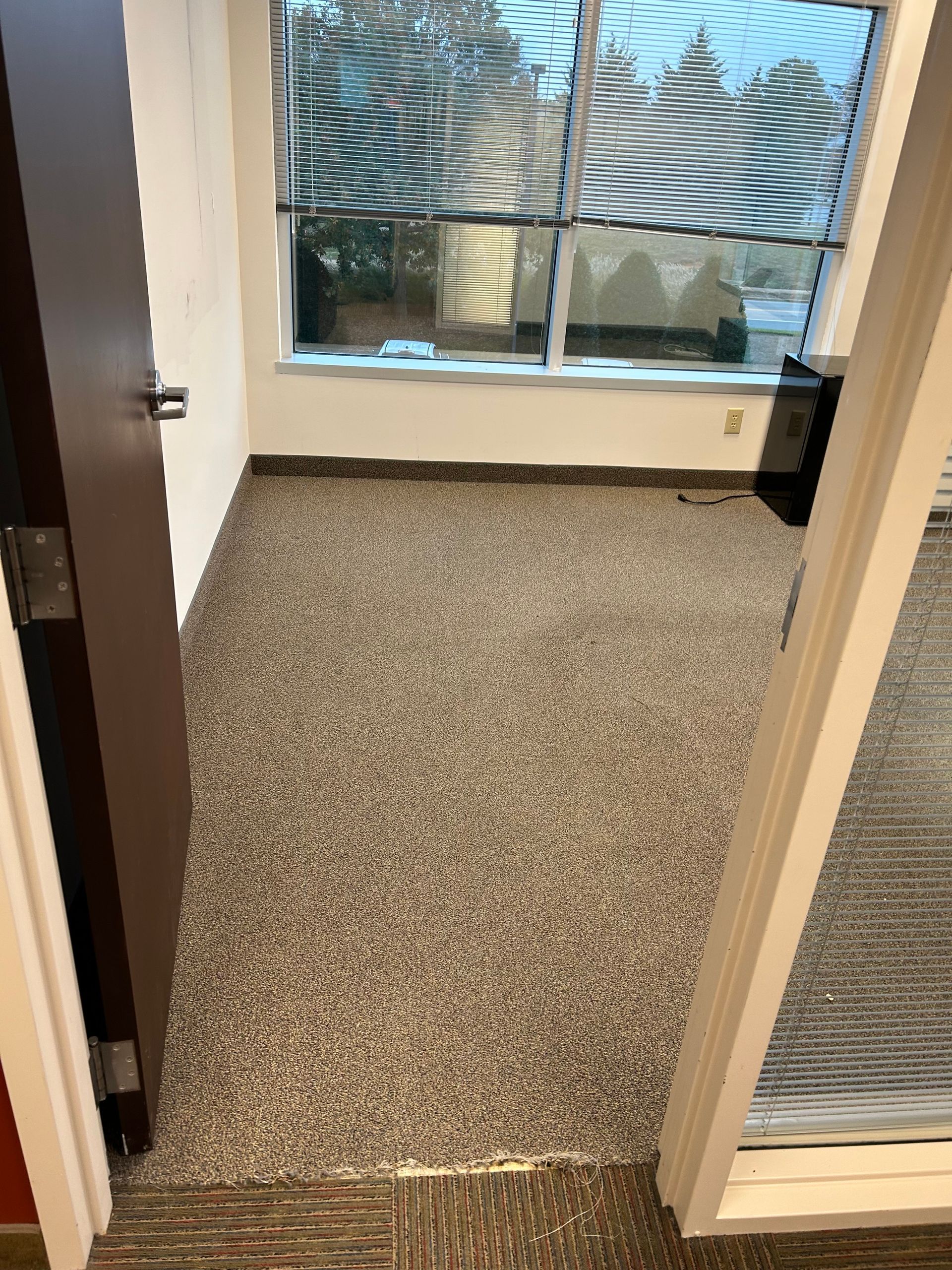 A room with a carpeted floor and a window with blinds.