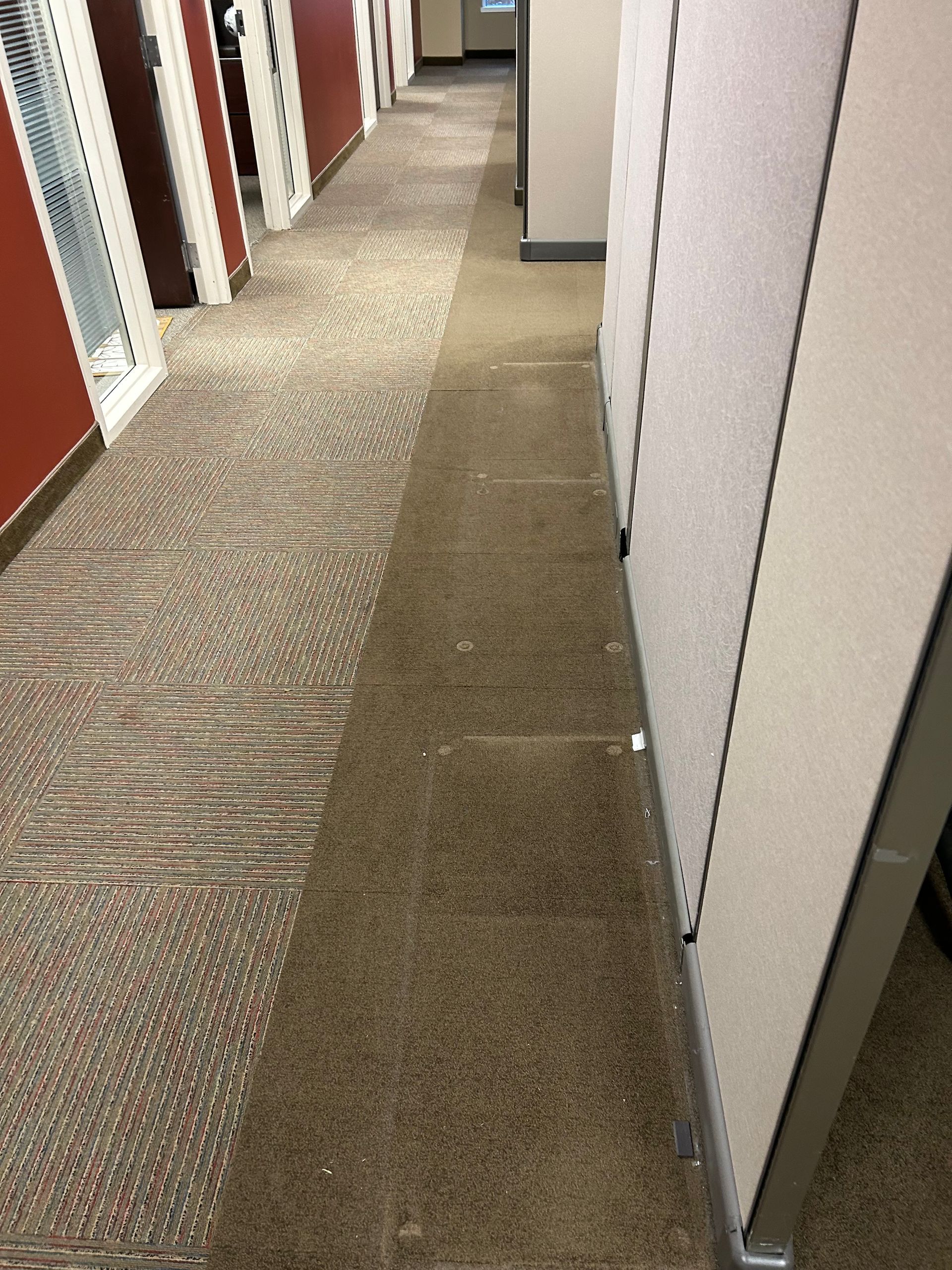 A hallway with a carpeted floor and a white wall