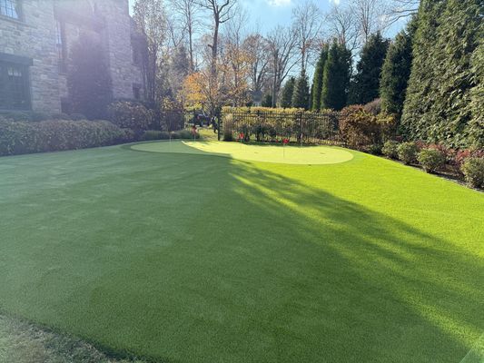 A backyard putting green with a flagstick, surrounded by manicured grass, stone house architecture, and tall evergreens.