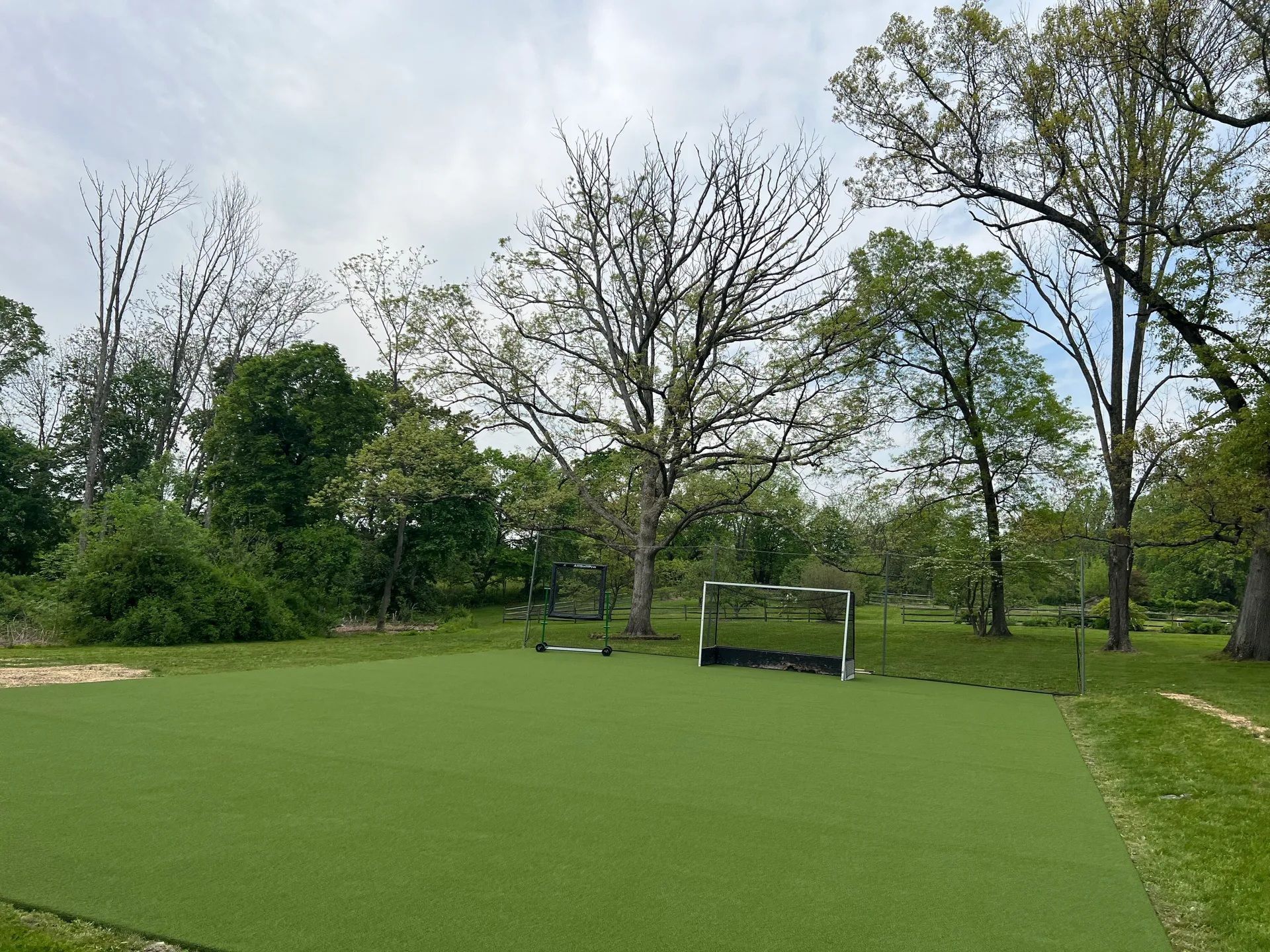 A rectangular artificial turf sports field with a black goal net, surrounded by grass and trees under a cloudy sky.