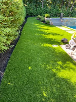 A lush green lawn stretches alongside a tall, manicured hedge, leading toward a swimming pool with stone steps.