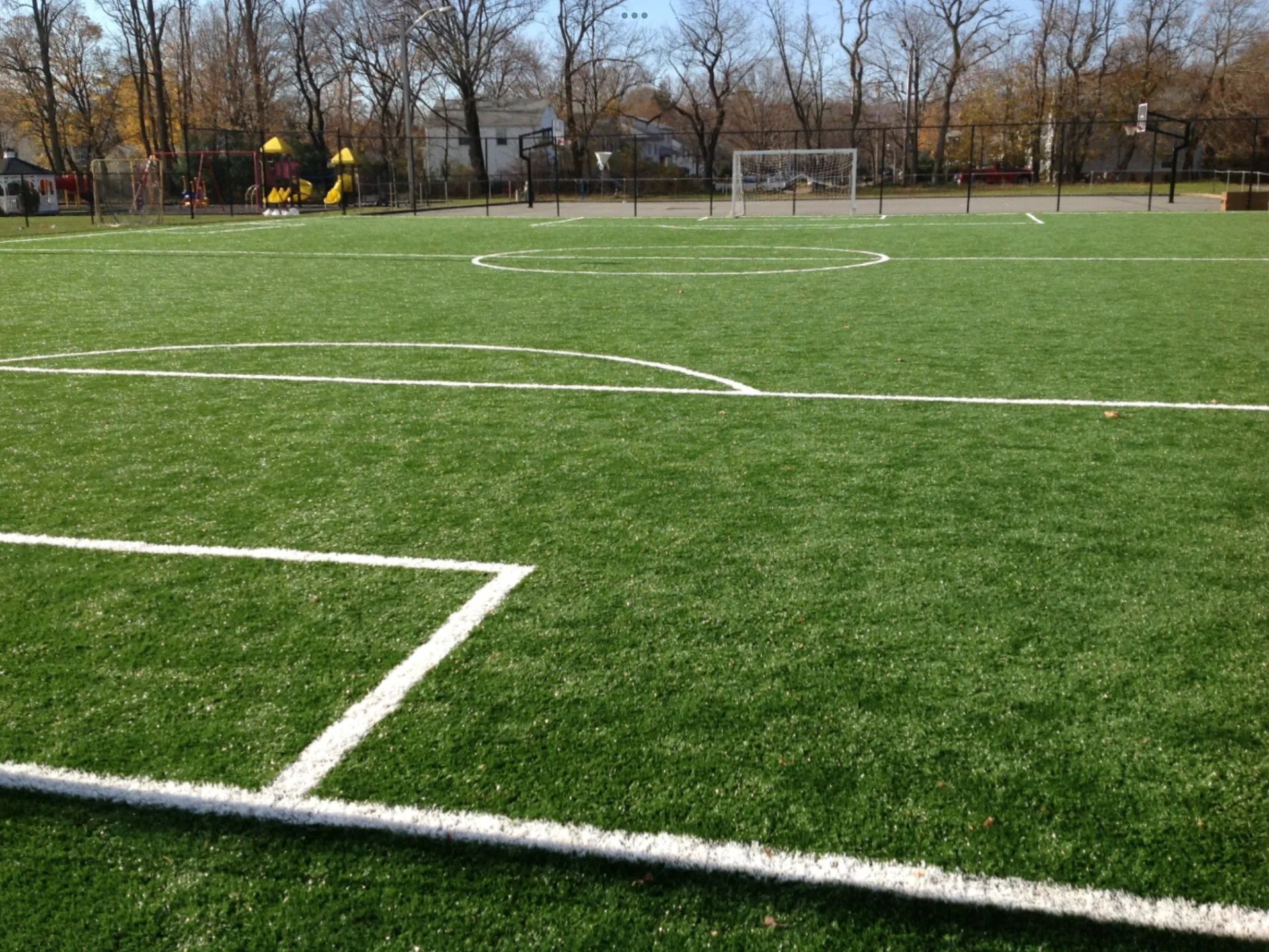 An empty artificial turf soccer field with white boundary lines, with a goal net visible in the background.