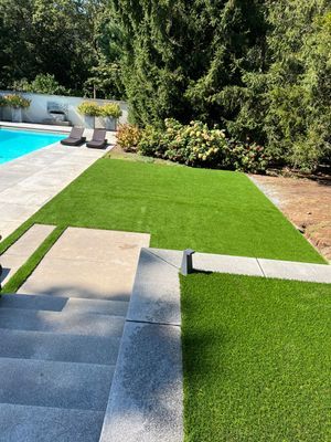 A backyard view with a swimming pool, concrete stairs, and a well-manicured lawn bordered by trees and shrubs.