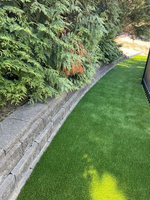 A green artificial grass lawn next to a grey stone retaining wall topped with a row of evergreen trees.