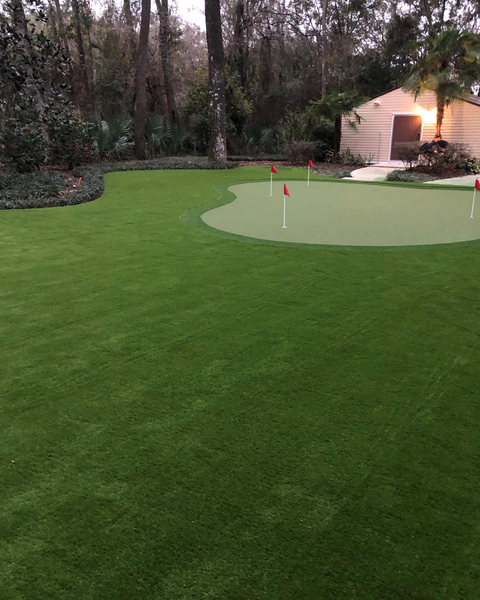 A backyard putting green with several red flags, surrounded by a lush lawn, trees, and a small outbuilding.