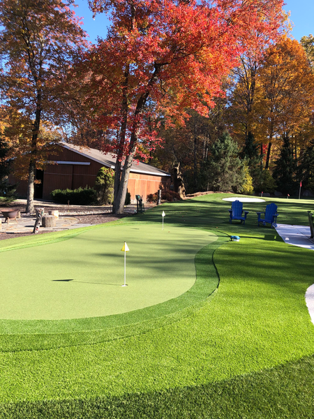 A backyard putting green with two holes and flagsticks, set against a backdrop of vibrant autumn trees and a shed.