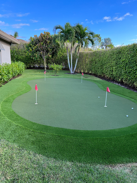 A backyard putting green with four holes and red flags, surrounded by manicured grass, palm trees, and tall hedges.