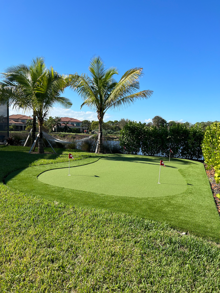 A small backyard putting green with two flags, set in a lawn near palm trees and a lake under a clear blue sky.
