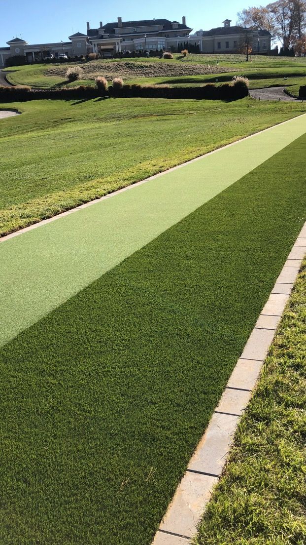 A bright green artificial turf path bordered by pavers, leading toward a large house on a hillside.