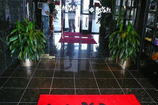 Entrance with glass doors, red mat, potted plants, and dark tiled floor. A person is visible in the reflection.