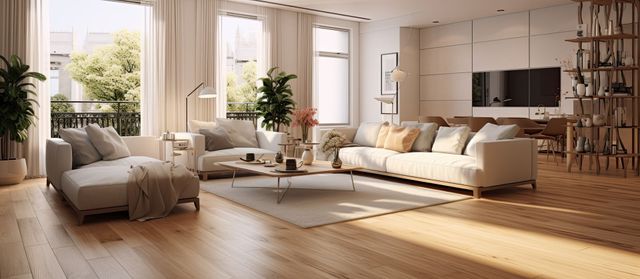 A living room with a lot of furniture and a wooden floor.