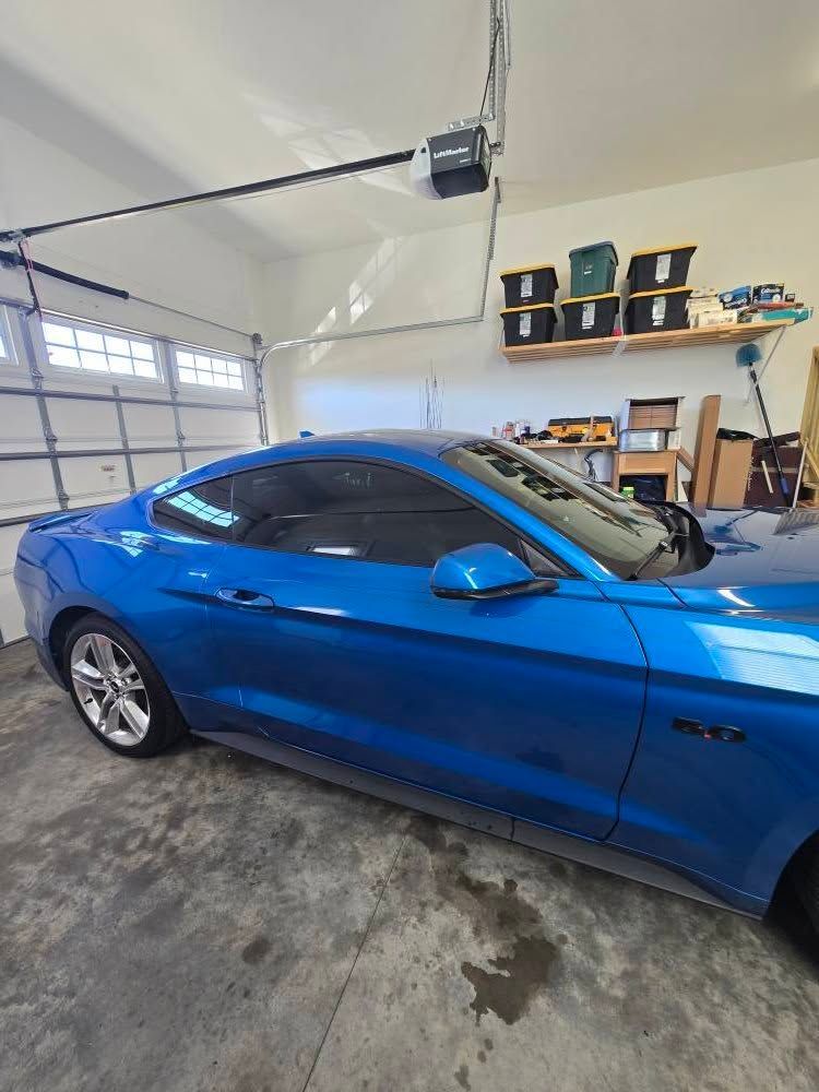 A blue mustang is parked in a garage under a garage door.