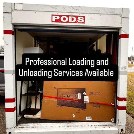 PODS container with open door, showing furniture and Professional Loading and Unloading Services Available text.