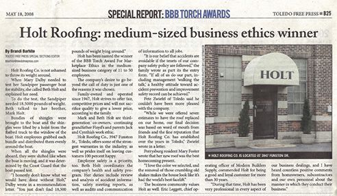 A newspaper article about holt roofing , a medium-sized business ethics winner.