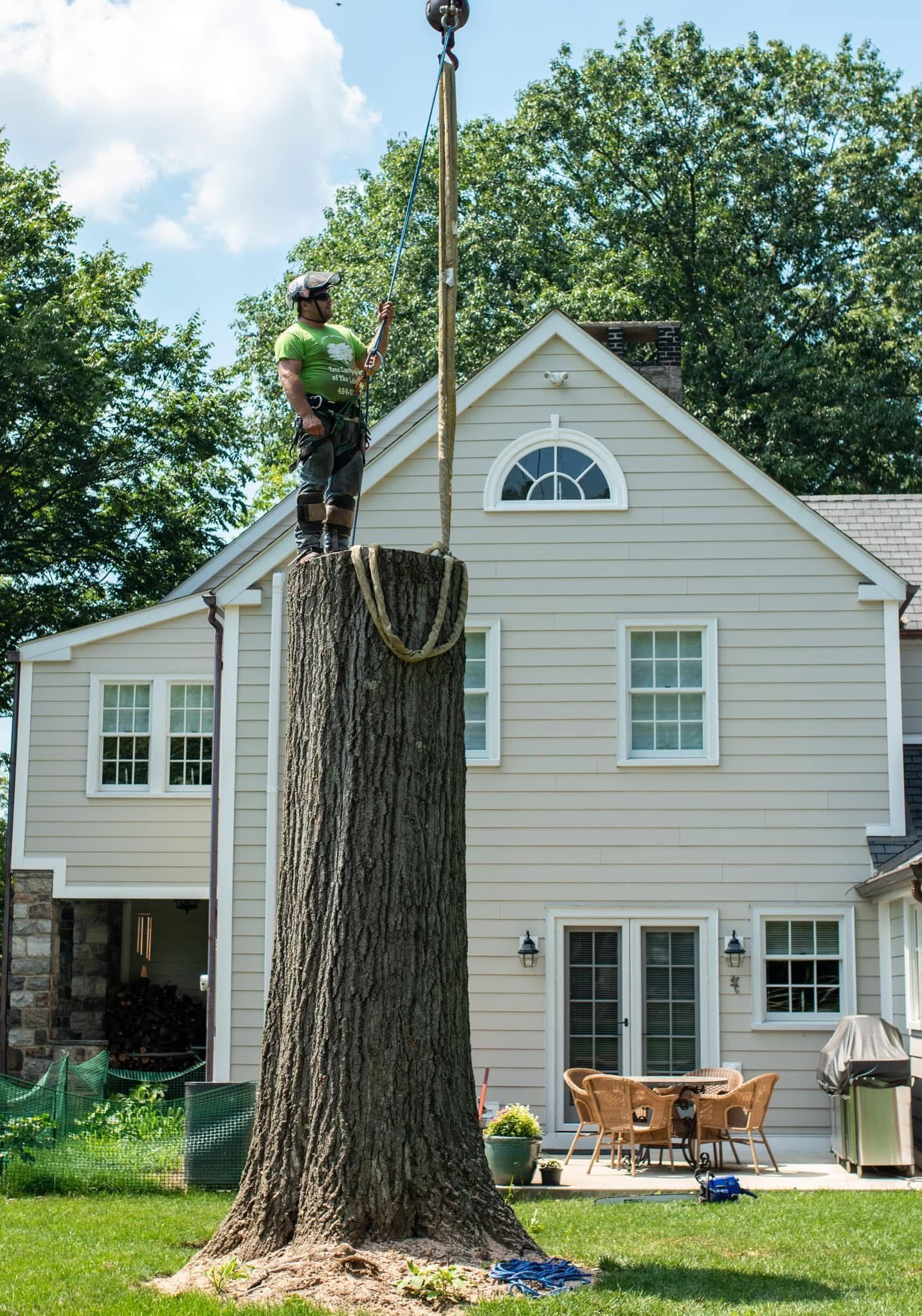 A man is standing on top of a tree stump in front of a house.