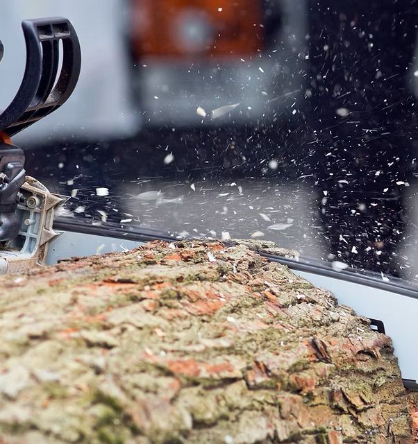 A person is using a chainsaw to cut a tree trunk.