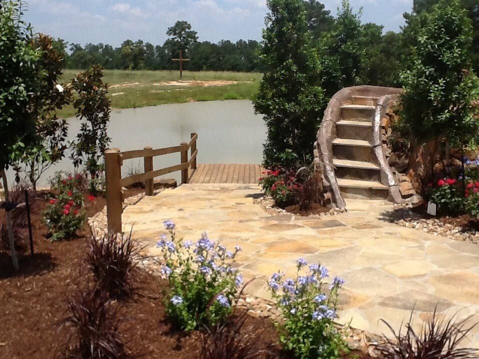 Stairs leading up to a dock overlooking a lake