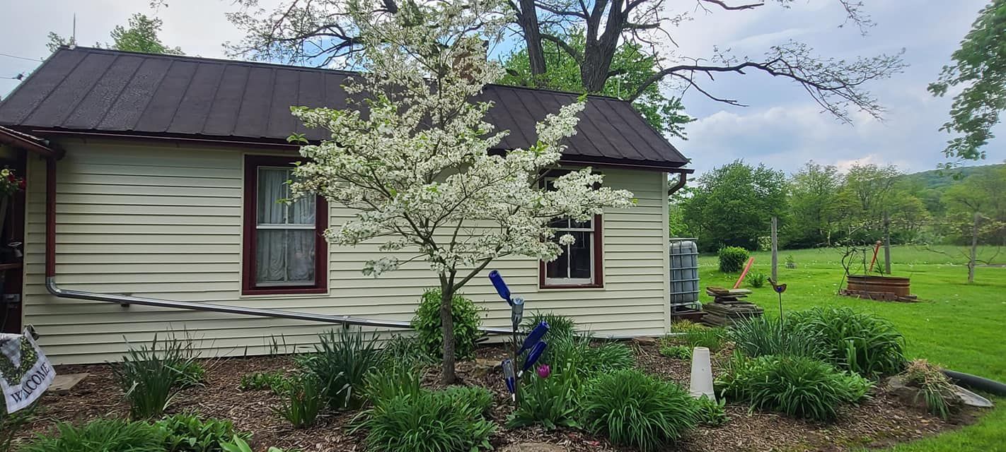 A small white house with a black roof and a tree in front of it.