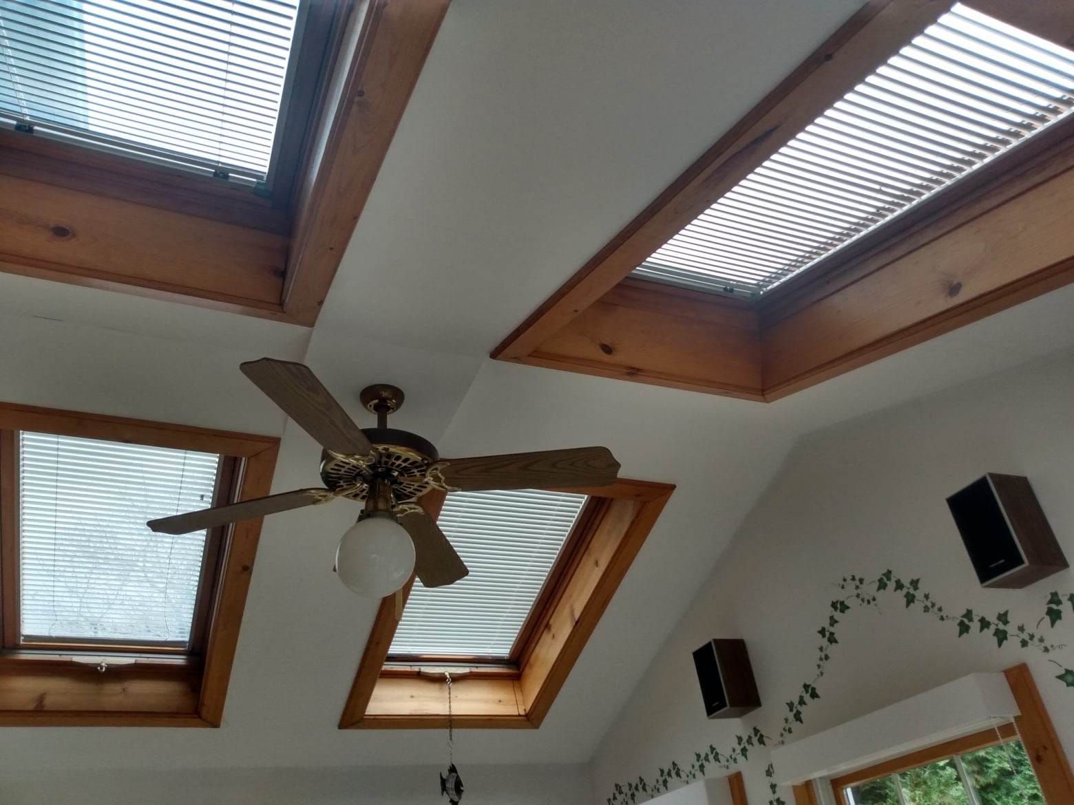 A ceiling fan is hanging from the ceiling above two skylights