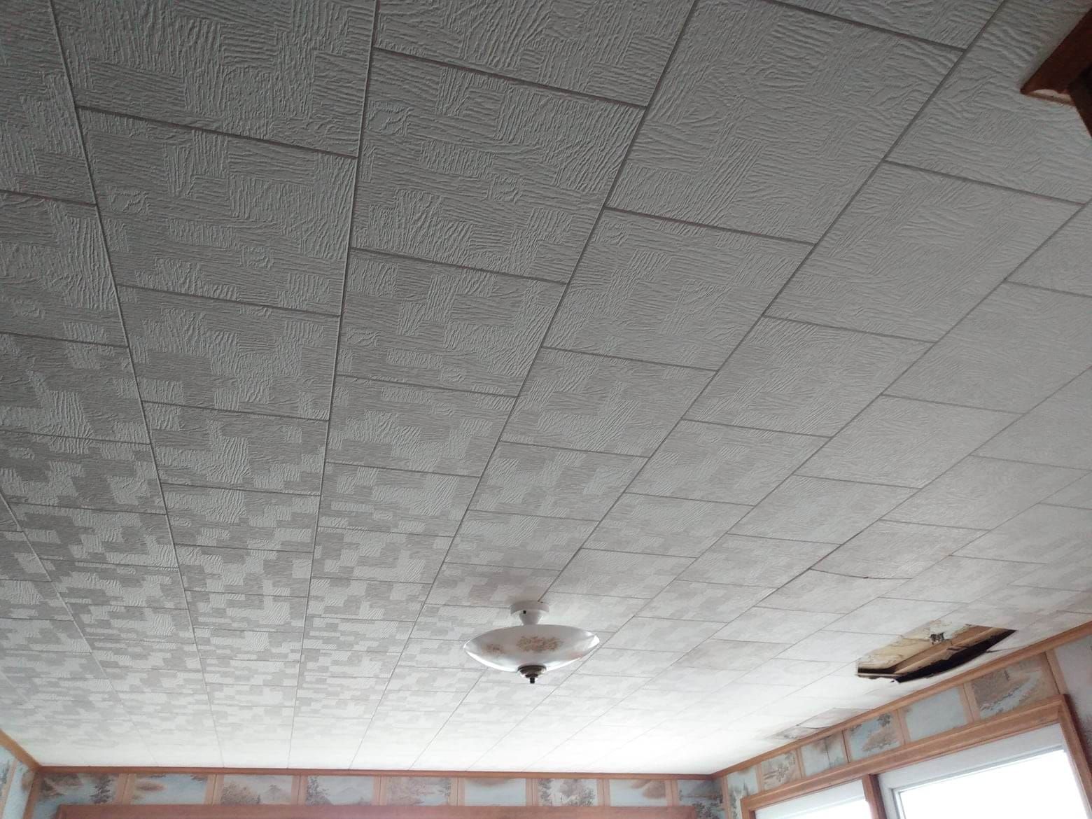 A room with a ceiling fan and a ceiling tile.