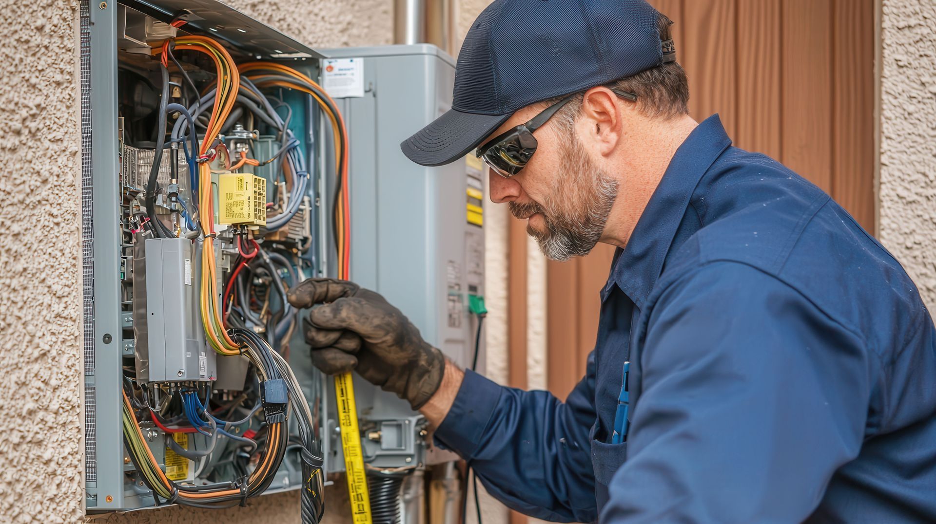 Hands using a crimping tool on a blue cable, with spools of red and blue cables in the background.